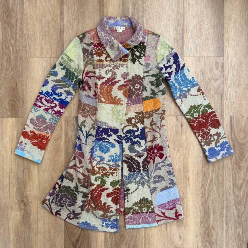 Relais Tapestry Knit Patchwork Floral Damask Coat Jacket boho artsy S VTG - Picture 2 of 9